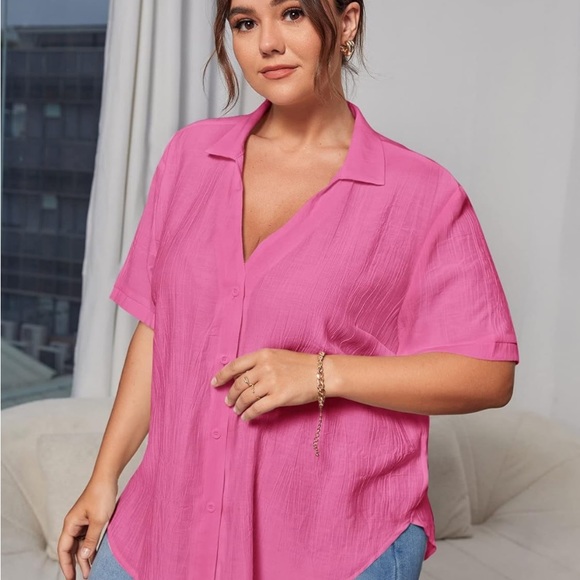 MakeMeChic Women's Plus Size Casual Solid Short Sleeve V Neck Button Down Shirt - Picture 4 of 6